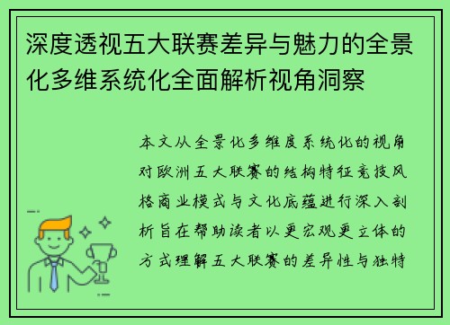 深度透视五大联赛差异与魅力的全景化多维系统化全面解析视角洞察 深度透视五大联赛差异与魅力的全景化多维系统化全面解析视角洞察